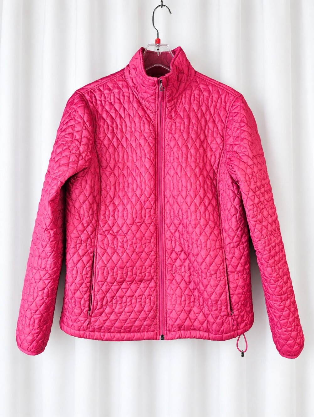 Lands End Fuchsia Quilted Full Zip Lightweight Stand Collar Jacket Drawcord Hem